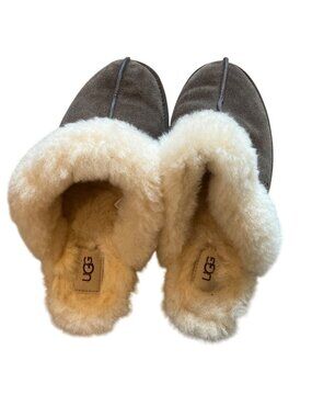 UGG Brown suede slippers cream fleece fur trim Women 10